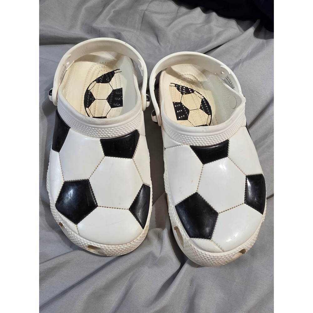 Crocs Classic Soccer Ball Print Clogs White Black Kids Size J6 Sport Shoes